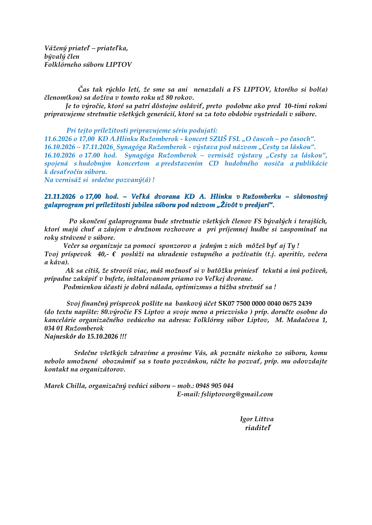 Vyrocie FS Liptov pozvanka byvalych clenov k